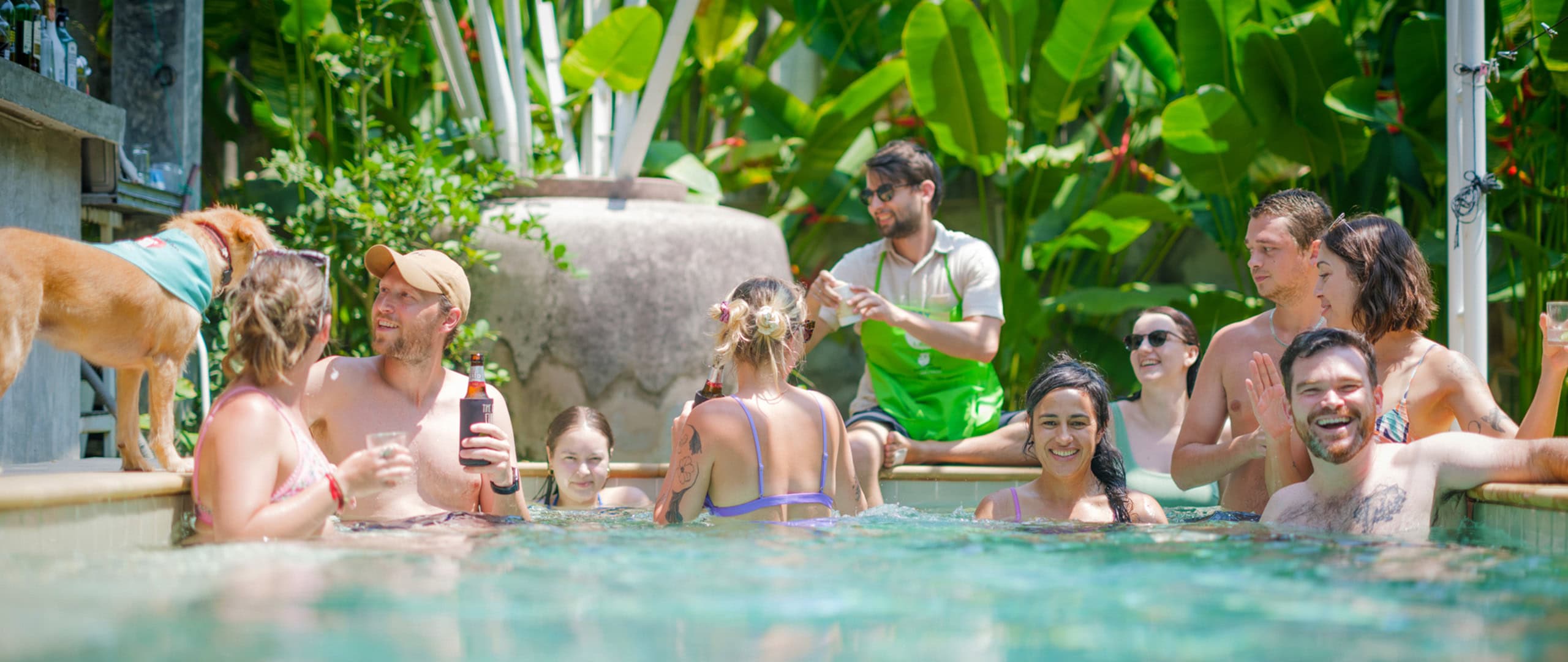 Group of people enjoying a poolside gathering with lush green tropical plants in the background. A dog stands on the edge of the pool, adding to the lively atmosphere. People are smiling, laughing, and holding drinks, creating a relaxed and cheerful vibe.